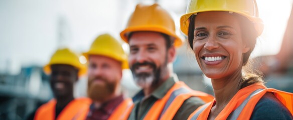 The construction workers team smiling confidently at a busy outdoor job site