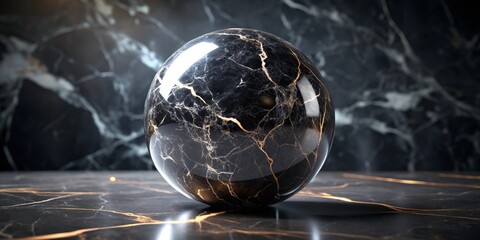 A Polished Black Marble Sphere with Golden Veins Rests on a Matching Surface