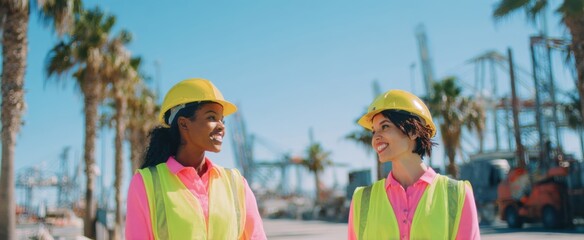 The construction workers smiling on sunny construction site near palm trees and cranes
