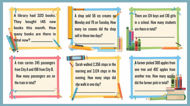 Educational math word problems for kids, enhancing arithmetic and critical thinking with diverse scenarios, from counting apples to calculating daily quantities