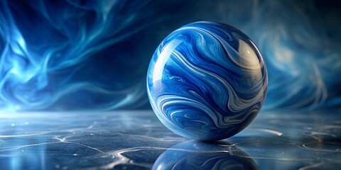 Abstract Swirling Blue Orb on Reflective Surface, Evoking Serenity and Mysterious Depth