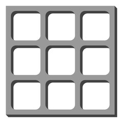Modern 3x3 roaster grid with rounded openings and shadow depth on gray background, ideal for architecture, facade design, ventilation, and tropical building concepts.