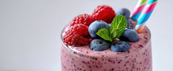 The Berry Smoothie Topped with Fresh Raspberries Blueberries Mint and a Colorful Straw