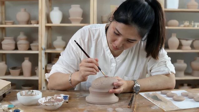 Woman delicately painting a clay pot in a pottery studio filled with various ceramic pieces