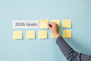 Person placing sticky notes with 2026 goals on a wall