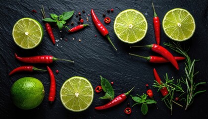 Vibrant arrangement of fresh limes chili peppers mint and rosemary herbs scattered on a dark textured stone surface with dramatic lighting creating a culinary background