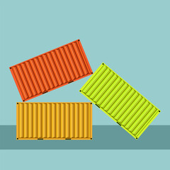 Three colorful cargo containers stacked in a dynamic triangular formation on blue background, representing global logistics, freight balance, and industrial transport systems.