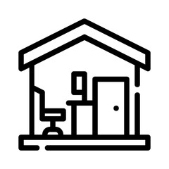 House icon with office furniture and door suitable for real estate websites, property management businesses, and office supply retailers.
