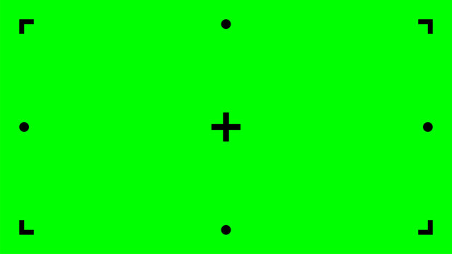 Green screen with central plus sign, four dots, and corner brackets, designed for chromakey tracking, motion capture, camera alignment, and VFX compositing precision.