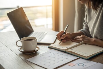 Person writing in a notebook next to a cup of coffee