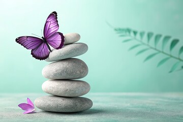 Purple Butterfly Perched On Stacked Grey Pebbles