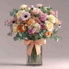 Elegant Pastel Flower Bouquet in Glass Vase with Roses and Seasonal Blooms