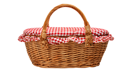 Wicker picnic basket with red and white checkered cloth