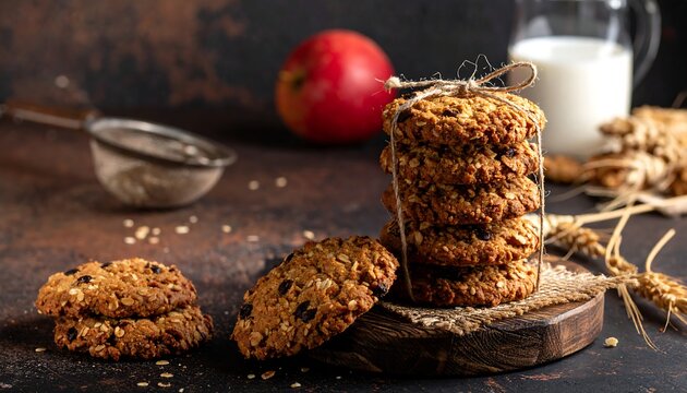 Stack of oatmeal cookies with fruit and a glass of milk nearby