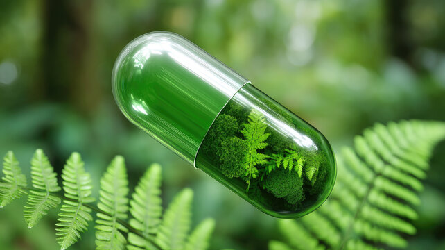 Eco friendly capsule green supplement sustainable biotech environment biodegradable nature forest foliage health innovation natural remedy lush vibrant hope
