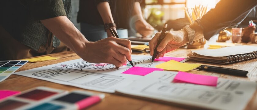 The creative team designing a mobile app wireframe with sticky notes and color swatches