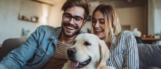 The Dog and Young Couple Relaxing Joyfully on a Cozy Living Room Sofa