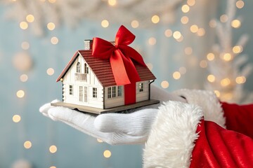 Santa hand holding a miniature house with a red bow as a gift