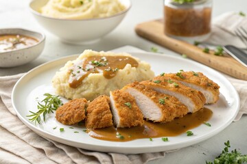 Sliced breaded chicken breast with mashed potatoes and gravy