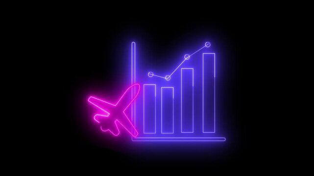 Neon light effect animation of a bar and dot chart icon with an airplane