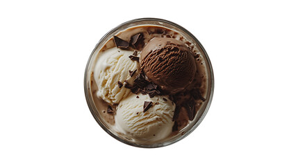 Overhead shot of a double affogato with two scoops of vanilla and chocolate ice cream in a glass