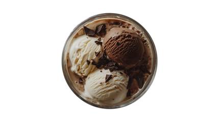 Overhead shot of a double affogato with two scoops of vanilla and chocolate ice cream in a glass
