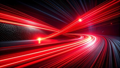 Dynamic, abstract artwork featuring vibrant red light trails and sleek lines