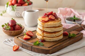 Stack of Pancakes with Strawberries and Syrup on a Wooden Board