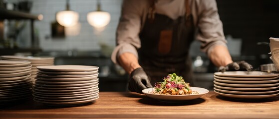The plated salad presented on a wooden pass by a chef in restaurant kitchen