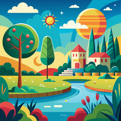 Colorful landscape illustration with river, trees, house and sun © Roni