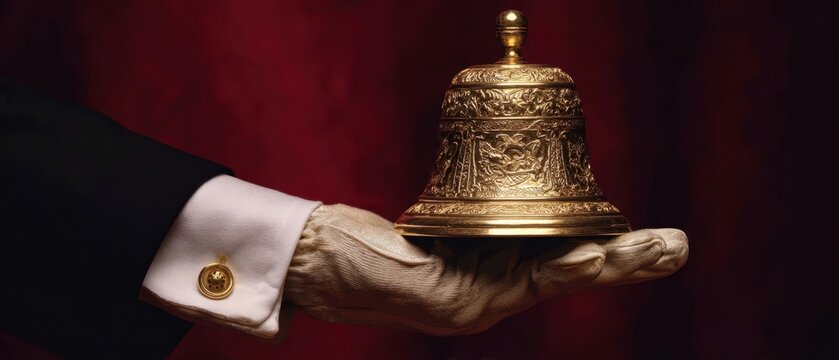 The golden ceremonial bell on a gloved hand over red velvet backdrop