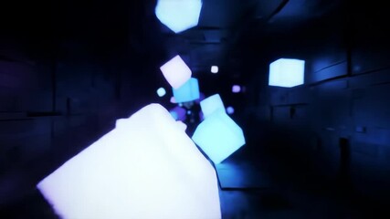 Lit floating cubes drift through dark corridor, abstract futuristic scene, for digital art, design - Powered by Adobe