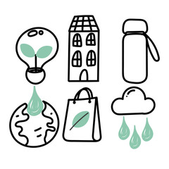 doodle sustainable lifestyle icon collection hand drawn style