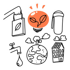 doodle sustainable lifestyle icon collection hand drawn style
