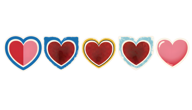 Five different cartoon heart icons show various styles and colors