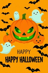 Happy halloween greeting card with pumpkins ghosts and bats