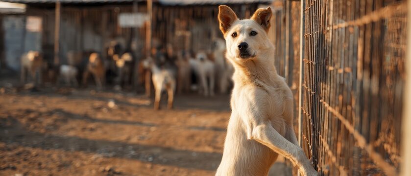 The Dog at a Shelter Fence Reaching Up in Warm Sunset Light