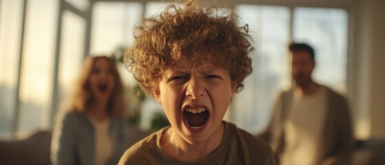 The boy screaming in living room while parents stand blurred in background