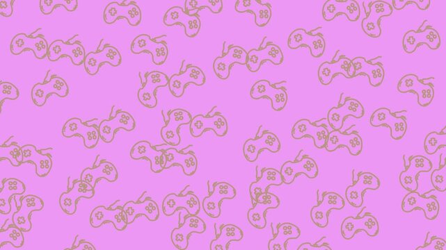 Cartoon-style seamless doodle of gamepads with minimal line design, purple pastel background for fun visual theme.