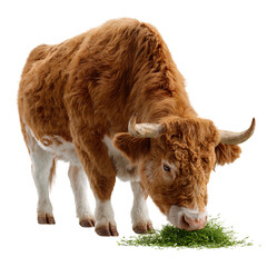 Brown Cow Grazing on Green Grass Isolated on White Background