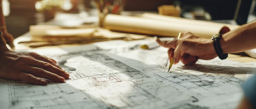 The blueprints being reviewed by architects and designers on a sunlit drafting table