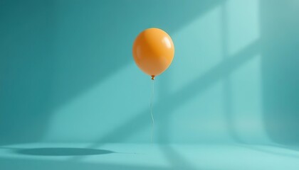 Single orange balloon floating in soft sunlight against a turquoise wall, creating a calm and modern minimalist composition