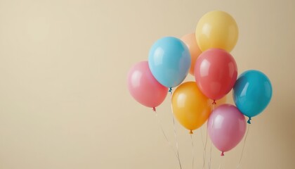 Colorful balloons floating gently against a soft beige background, creating a cheerful and minimal composition perfect for celebration themes