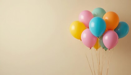 Colorful balloons floating gently against a soft beige background, creating a cheerful and minimal composition perfect for celebration themes