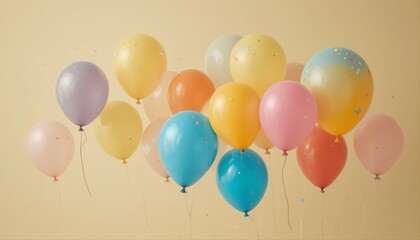 Colorful balloons floating gently against a soft beige background, creating a cheerful and minimal composition perfect for celebration themes
