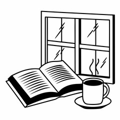Illustration of an open book, a cup of coffee, and a window