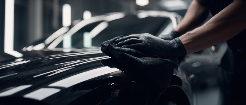 The car being hand polished by a technician in a professional detailing garage