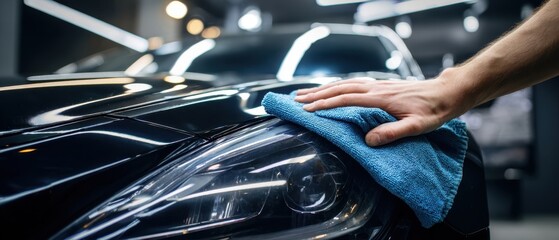 The car headlight being cleaned with a blue microfiber cloth in a glossy garage