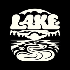 Stylized word lake with a reflection on the water, isolated on, creating a vintage and retro aesthetic