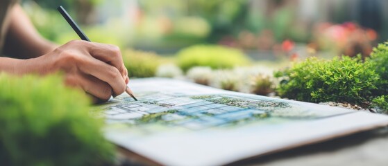 The hand sketching a landscape garden plan in a sketchbook outdoors among plants